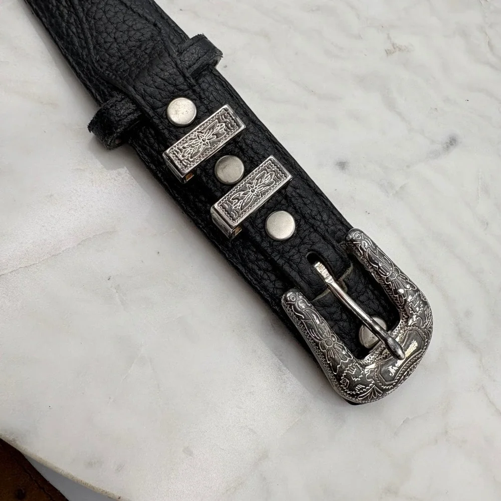 3-D Belt Co Western Ranger Belt Mens 44 Black Leather Engraved Silver Concho